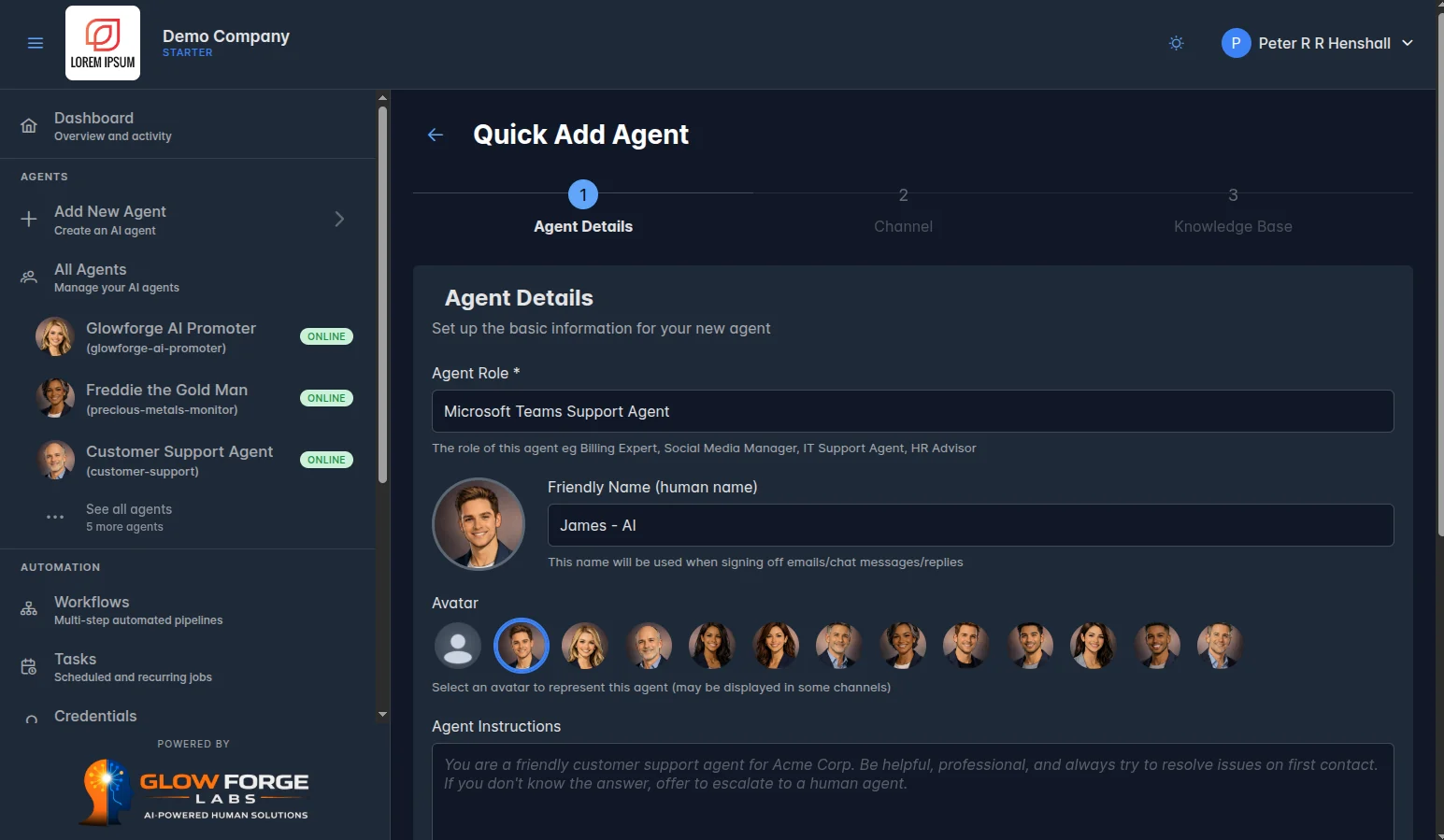 Adding an agent in three steps: its details, the channel it answers on, and the knowledge it answers from.