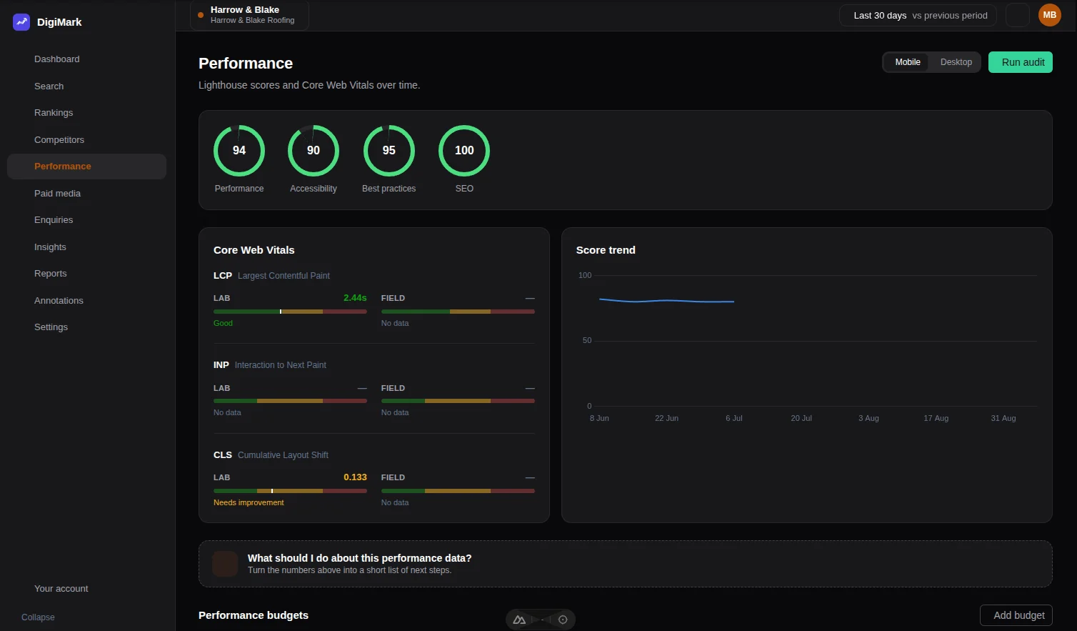 The performance screen: Lighthouse scores for performance, accessibility, best practice and SEO, with Core Web Vitals shown as lab and field data side by side.