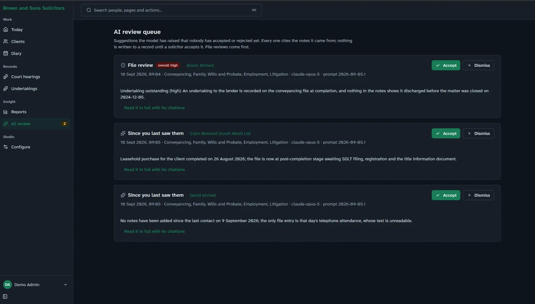 The AI review queue: three suggestions waiting on a decision, each citing the notes it came from, with Accept and Dismiss beside every one.
