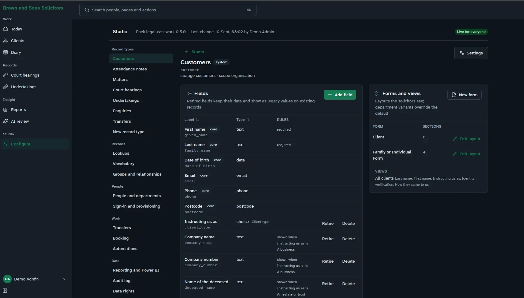 The Studio configuration screen: the Customers record type with its fields, types and rules listed, and the forms and views built from them.