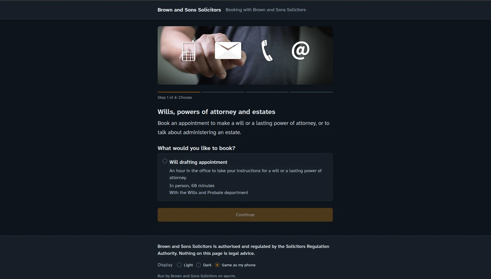 The public booking page: someone choosing a will drafting appointment, with the department, the format and the length shown before they pick a time.